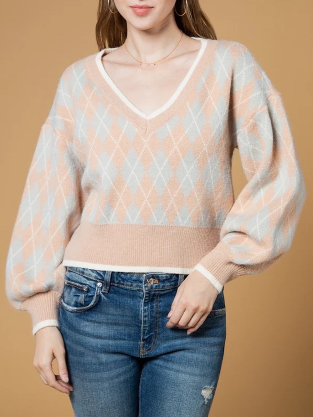 Altar'd State Cream & Light Blue Argyle V-Neck Sweater